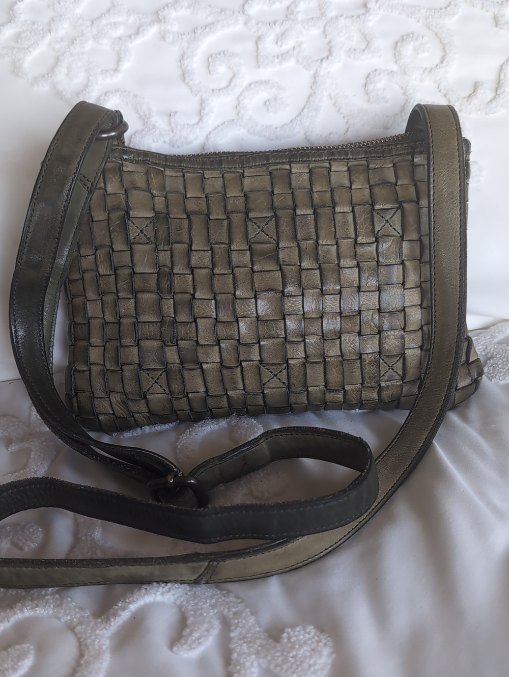Ashwood Heritage Woven Olive Green Leather Crossbody Small Bag